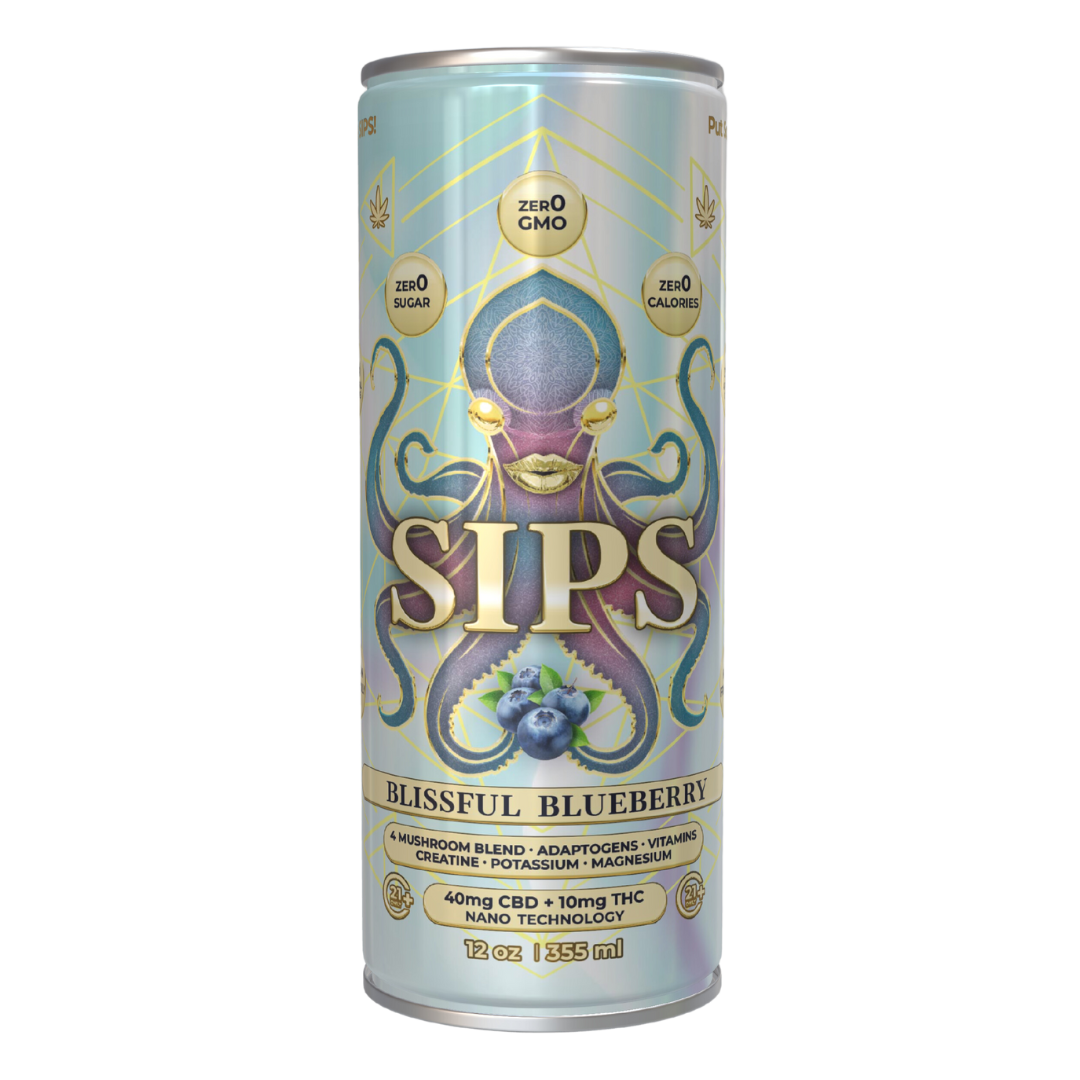 Blissful Blueberry THC CBD drink, zero calorie, high-quality calm elixir with adaptogens for mood and longevity.

