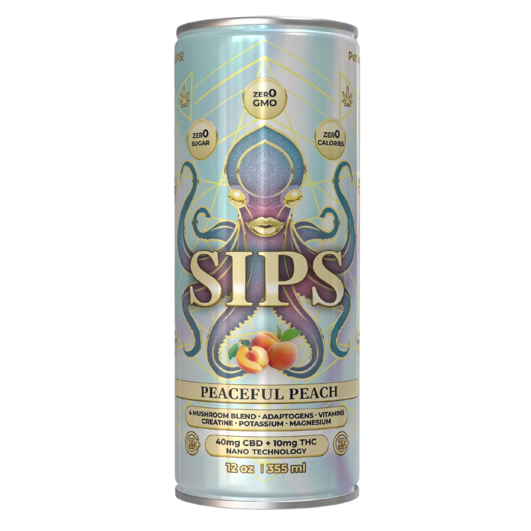 Peaceful Peach THC CBD drink, zero calorie, high-quality festive elixir with adaptogens, crafted for fun and longevity.

